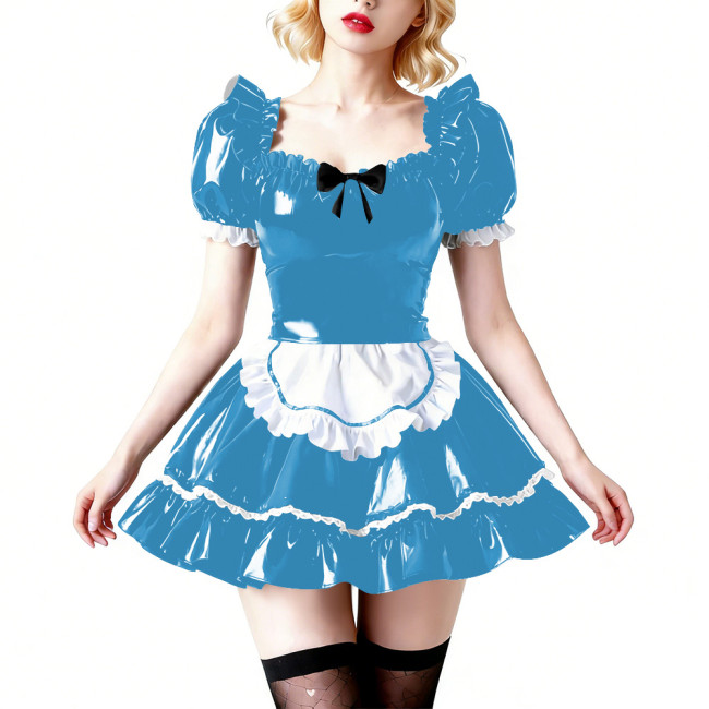 Vinyl PVC Wetlook Puff Sleeve Club Maid Dress Fetish Apron Short Dress Sexy French Maid Uniform Crossdressing Party Evening Prom