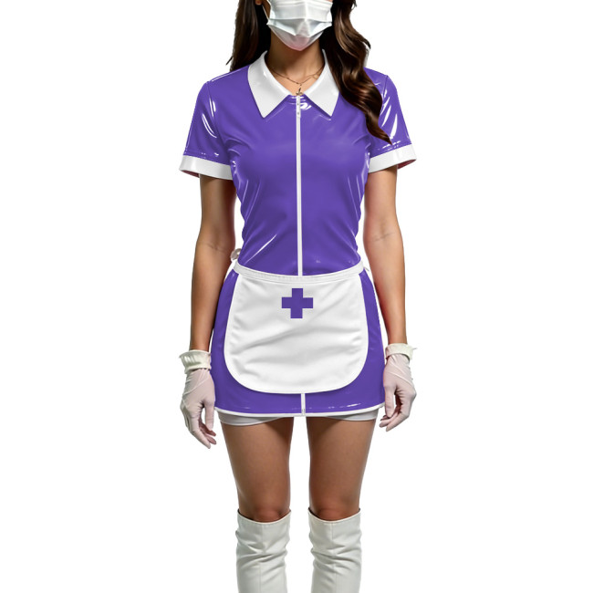 Women Shiny PVC Wetlook Nurse Apron Cosplay Dress Sexy Short Sleeve Bodycon Halloween Mini Dress Wetlook Zipper Fetish Vestidos