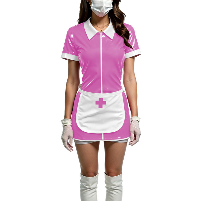 Women Shiny PVC Wetlook Nurse Apron Cosplay Dress Sexy Short Sleeve Bodycon Halloween Mini Dress Wetlook Zipper Fetish Vestidos