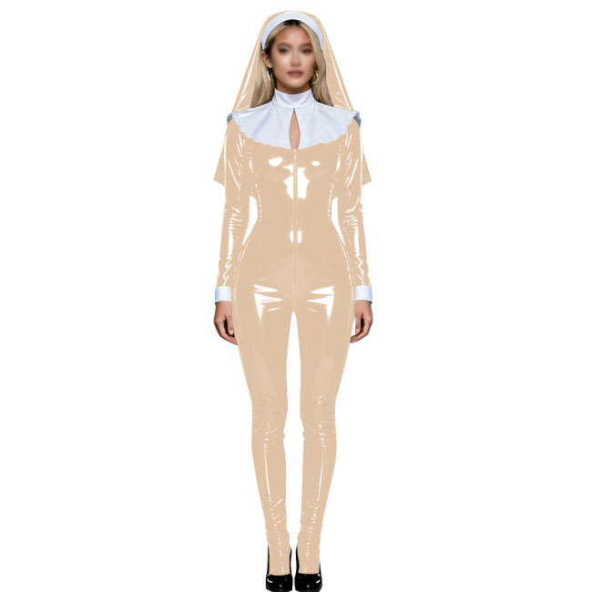 Shiny PVC Nun Headpiece Catsuit Wetlook Faux Leather Bodysuit Zipper Front Party Jumpsuit Halloween Long Sleeve Cosplay Outfit