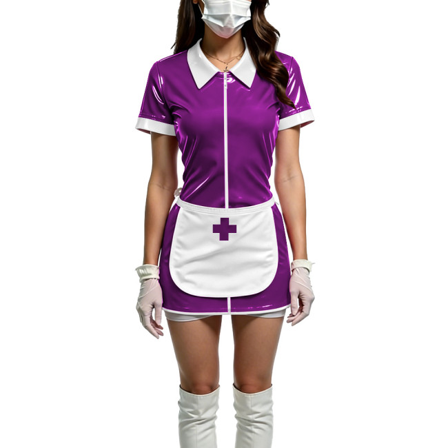 Women Shiny PVC Wetlook Nurse Apron Cosplay Dress Sexy Short Sleeve Bodycon Halloween Mini Dress Wetlook Zipper Fetish Vestidos