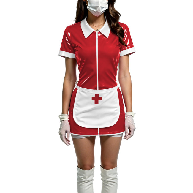 Women Shiny PVC Wetlook Nurse Apron Cosplay Dress Sexy Short Sleeve Bodycon Halloween Mini Dress Wetlook Zipper Fetish Vestidos
