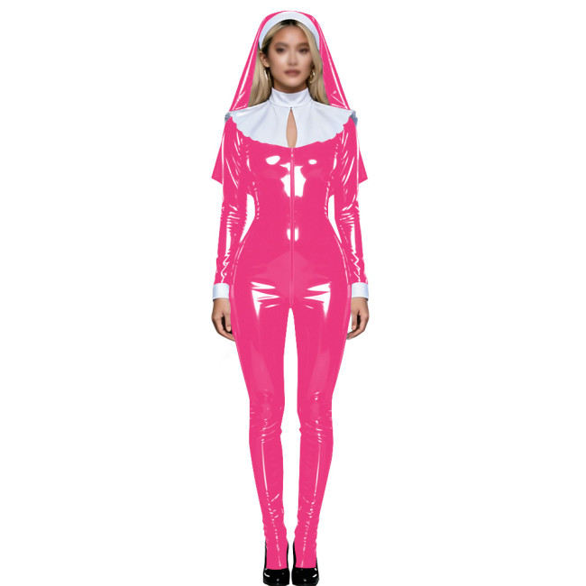 Shiny PVC Nun Headpiece Catsuit Wetlook Faux Leather Bodysuit Zipper Front Party Jumpsuit Halloween Long Sleeve Cosplay Outfit