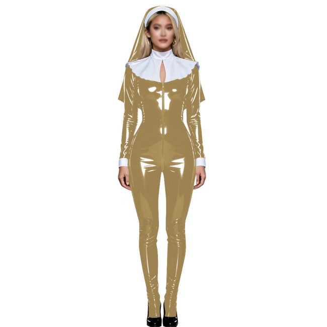 Shiny PVC Nun Headpiece Catsuit Wetlook Faux Leather Bodysuit Zipper Front Party Jumpsuit Halloween Long Sleeve Cosplay Outfit