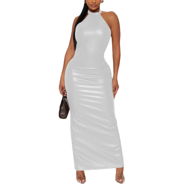 Plus Size Wetlook Faux Leather Halter Maxi Dress Women Clubwear Backless Bodycon Maxi Dresses Zipper Split Party Evening Gown