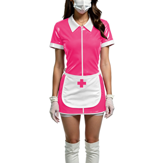 Women Shiny PVC Wetlook Nurse Apron Cosplay Dress Sexy Short Sleeve Bodycon Halloween Mini Dress Wetlook Zipper Fetish Vestidos