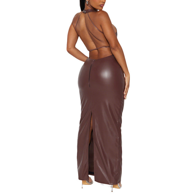 Plus Size Wetlook Faux Leather Halter Maxi Dress Women Clubwear Backless Bodycon Maxi Dresses Zipper Split Party Evening Gown