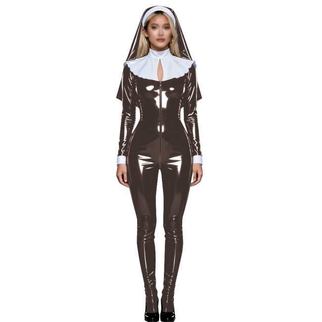 Shiny PVC Nun Headpiece Catsuit Wetlook Faux Leather Bodysuit Zipper Front Party Jumpsuit Halloween Long Sleeve Cosplay Outfit