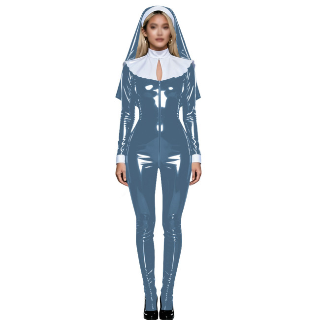 Shiny PVC Nun Headpiece Catsuit Wetlook Faux Leather Bodysuit Zipper Front Party Jumpsuit Halloween Long Sleeve Cosplay Outfit