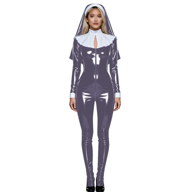 Shiny PVC Nun Headpiece Catsuit Wetlook Faux Leather Bodysuit Zipper Front Party Jumpsuit Halloween Long Sleeve Cosplay Outfit