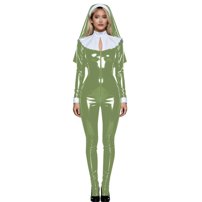 Shiny PVC Nun Headpiece Catsuit Wetlook Faux Leather Bodysuit Zipper Front Party Jumpsuit Halloween Long Sleeve Cosplay Outfit