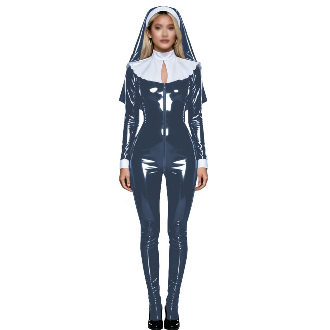 Shiny PVC Nun Headpiece Catsuit Wetlook Faux Leather Bodysuit Zipper Front Party Jumpsuit Halloween Long Sleeve Cosplay Outfit