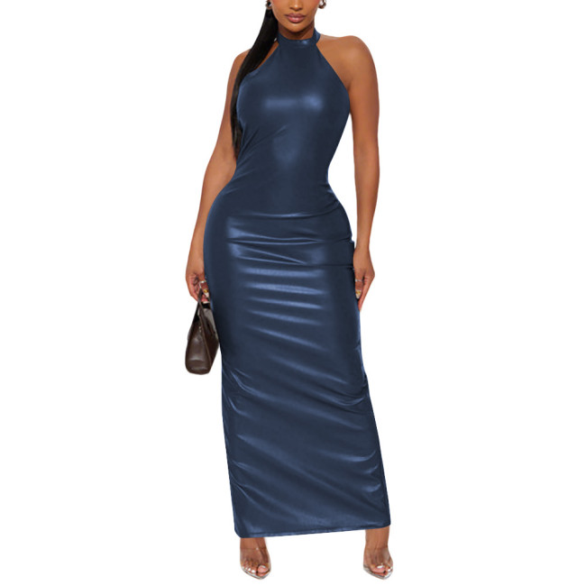 Plus Size Wetlook Faux Leather Halter Maxi Dress Women Clubwear Backless Bodycon Maxi Dresses Zipper Split Party Evening Gown