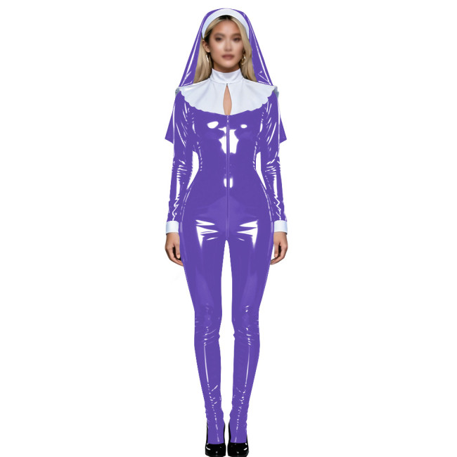 Shiny PVC Nun Headpiece Catsuit Wetlook Faux Leather Bodysuit Zipper Front Party Jumpsuit Halloween Long Sleeve Cosplay Outfit