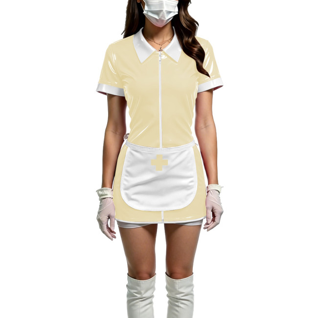 Women Shiny PVC Wetlook Nurse Apron Cosplay Dress Sexy Short Sleeve Bodycon Halloween Mini Dress Wetlook Zipper Fetish Vestidos