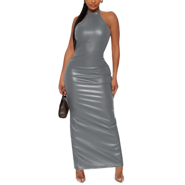 Plus Size Wetlook Faux Leather Halter Maxi Dress Women Clubwear Backless Bodycon Maxi Dresses Zipper Split Party Evening Gown