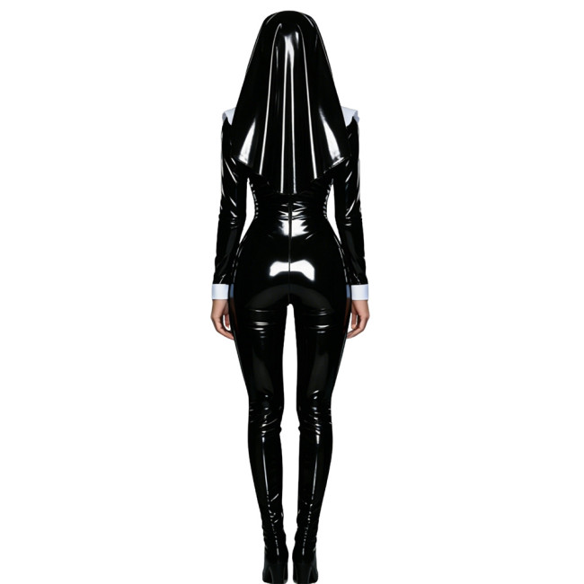 Shiny PVC Nun Headpiece Catsuit Wetlook Faux Leather Bodysuit Zipper Front Party Jumpsuit Halloween Long Sleeve Cosplay Outfit