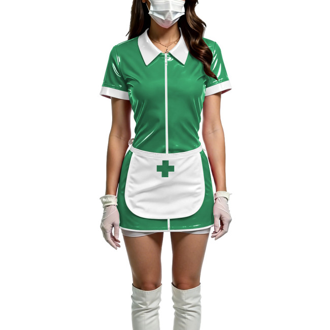 Women Shiny PVC Wetlook Nurse Apron Cosplay Dress Sexy Short Sleeve Bodycon Halloween Mini Dress Wetlook Zipper Fetish Vestidos
