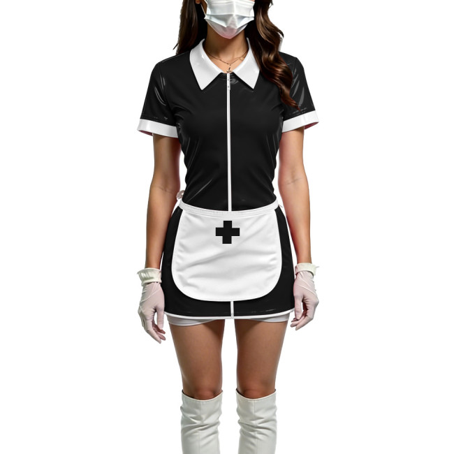 Women Shiny PVC Wetlook Nurse Apron Cosplay Dress Sexy Short Sleeve Bodycon Halloween Mini Dress Wetlook Zipper Fetish Vestidos