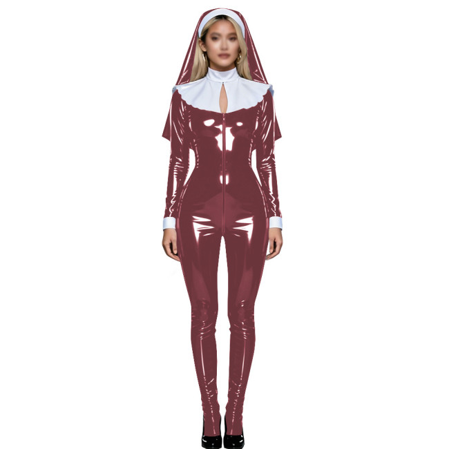 Shiny PVC Nun Headpiece Catsuit Wetlook Faux Leather Bodysuit Zipper Front Party Jumpsuit Halloween Long Sleeve Cosplay Outfit