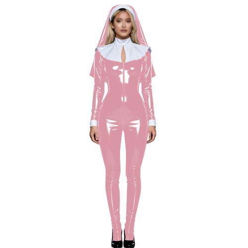 Shiny PVC Nun Headpiece Catsuit Wetlook Faux Leather Bodysuit Zipper Front Party Jumpsuit Halloween Long Sleeve Cosplay Outfit