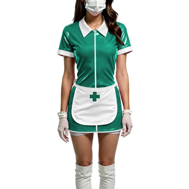 Women Shiny PVC Wetlook Nurse Apron Cosplay Dress Sexy Short Sleeve Bodycon Halloween Mini Dress Wetlook Zipper Fetish Vestidos