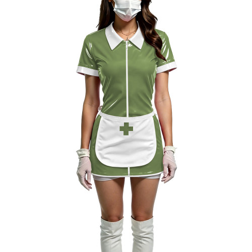 Women Shiny PVC Wetlook Nurse Apron Cosplay Dress Sexy Short Sleeve Bodycon Halloween Mini Dress Wetlook Zipper Fetish Vestidos
