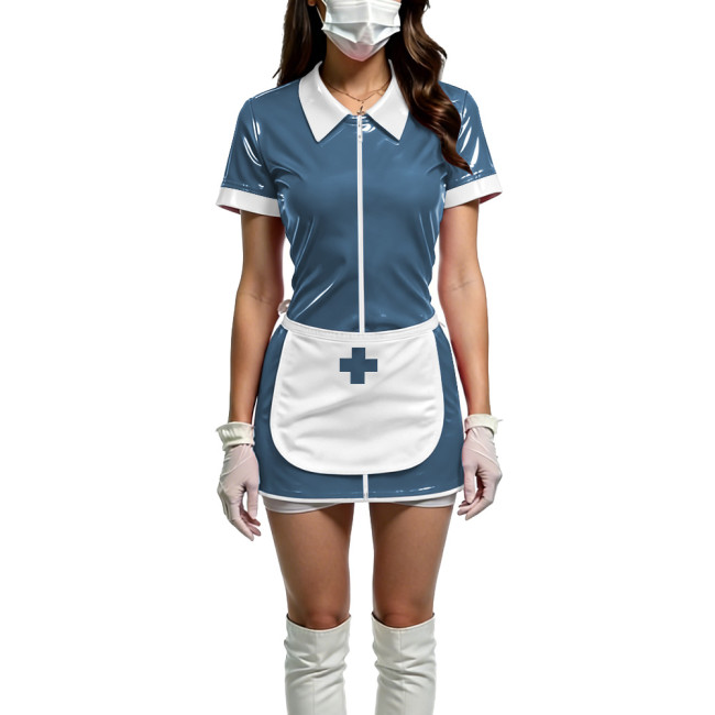 Women Shiny PVC Wetlook Nurse Apron Cosplay Dress Sexy Short Sleeve Bodycon Halloween Mini Dress Wetlook Zipper Fetish Vestidos
