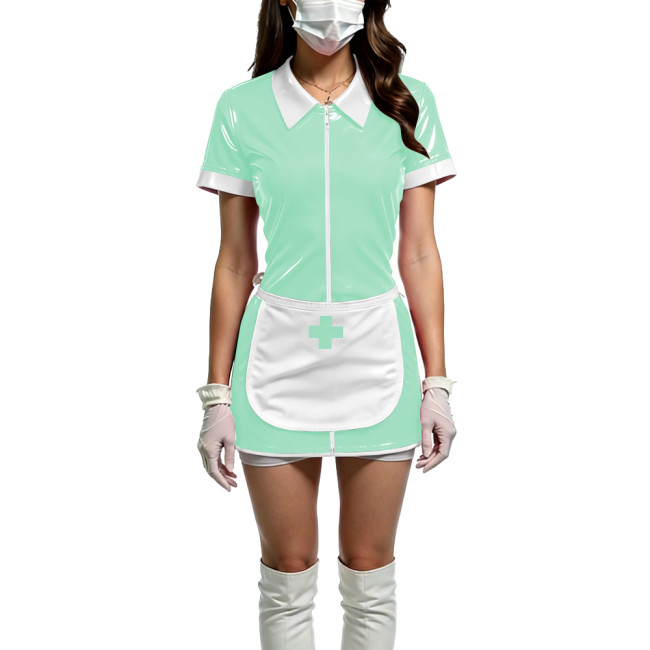 Women Shiny PVC Wetlook Nurse Apron Cosplay Dress Sexy Short Sleeve Bodycon Halloween Mini Dress Wetlook Zipper Fetish Vestidos