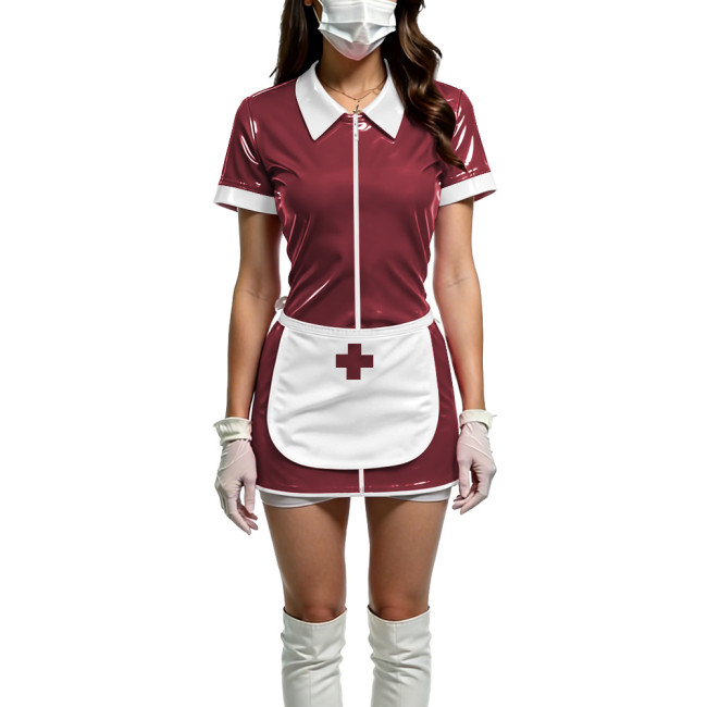 Women Shiny PVC Wetlook Nurse Apron Cosplay Dress Sexy Short Sleeve Bodycon Halloween Mini Dress Wetlook Zipper Fetish Vestidos