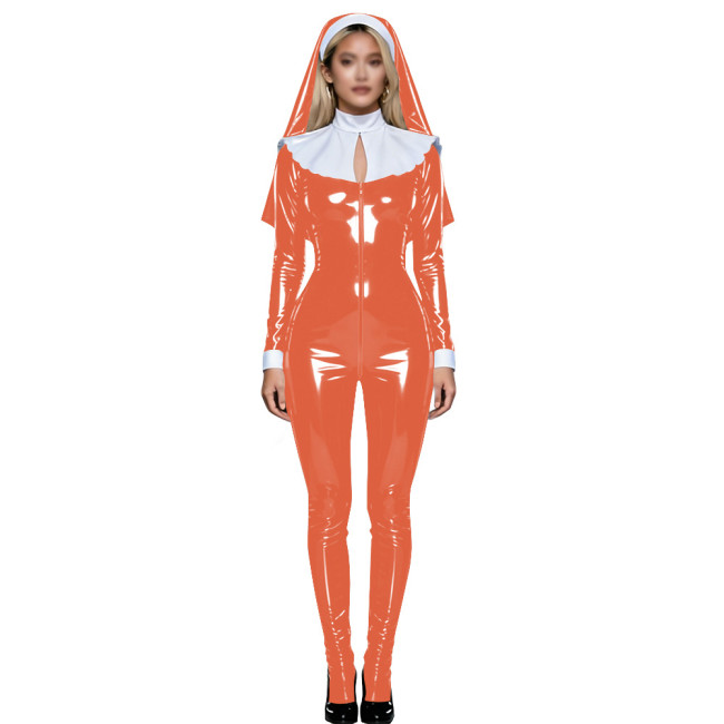 Shiny PVC Nun Headpiece Catsuit Wetlook Faux Leather Bodysuit Zipper Front Party Jumpsuit Halloween Long Sleeve Cosplay Outfit