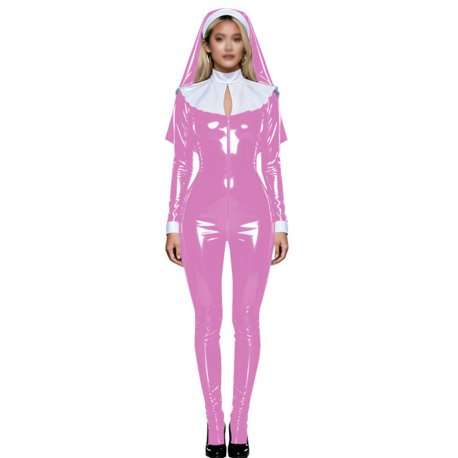 Shiny PVC Nun Headpiece Catsuit Wetlook Faux Leather Bodysuit Zipper Front Party Jumpsuit Halloween Long Sleeve Cosplay Outfit