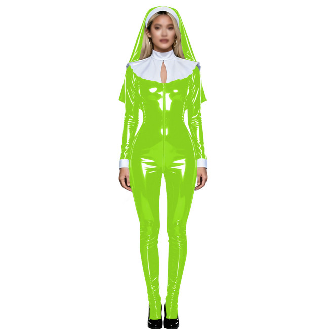 Shiny PVC Nun Headpiece Catsuit Wetlook Faux Leather Bodysuit Zipper Front Party Jumpsuit Halloween Long Sleeve Cosplay Outfit