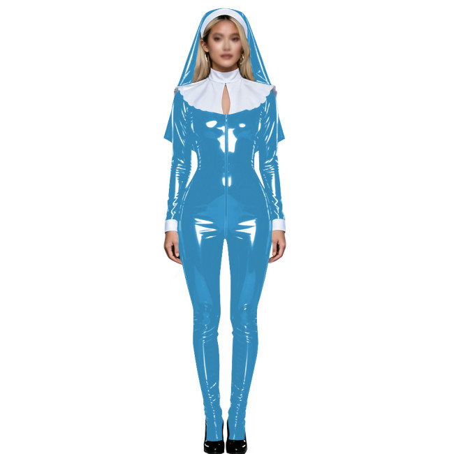 Shiny PVC Nun Headpiece Catsuit Wetlook Faux Leather Bodysuit Zipper Front Party Jumpsuit Halloween Long Sleeve Cosplay Outfit
