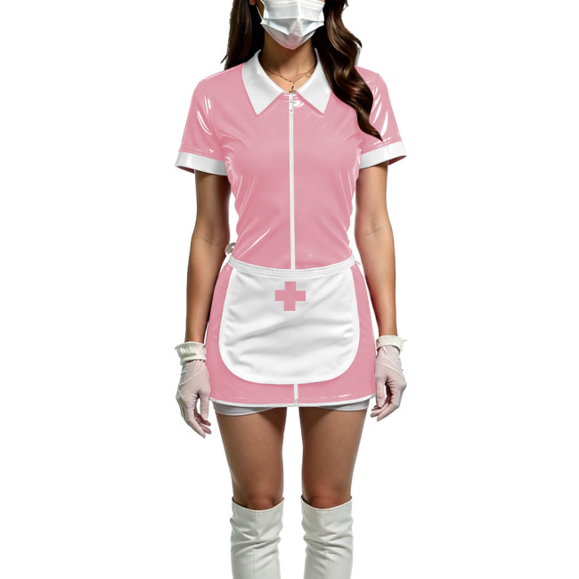 Women Shiny PVC Wetlook Nurse Apron Cosplay Dress Sexy Short Sleeve Bodycon Halloween Mini Dress Wetlook Zipper Fetish Vestidos