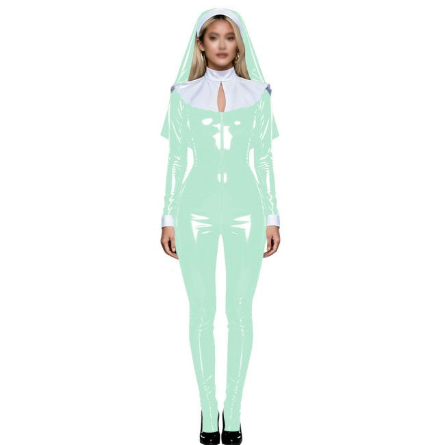Shiny PVC Nun Headpiece Catsuit Wetlook Faux Leather Bodysuit Zipper Front Party Jumpsuit Halloween Long Sleeve Cosplay Outfit