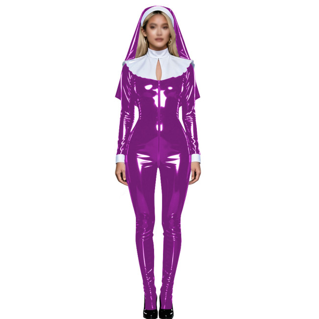 Shiny PVC Nun Headpiece Catsuit Wetlook Faux Leather Bodysuit Zipper Front Party Jumpsuit Halloween Long Sleeve Cosplay Outfit