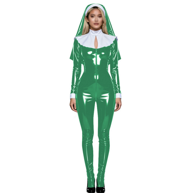 Shiny PVC Nun Headpiece Catsuit Wetlook Faux Leather Bodysuit Zipper Front Party Jumpsuit Halloween Long Sleeve Cosplay Outfit