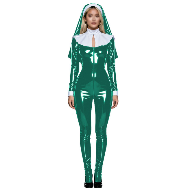 Shiny PVC Nun Headpiece Catsuit Wetlook Faux Leather Bodysuit Zipper Front Party Jumpsuit Halloween Long Sleeve Cosplay Outfit