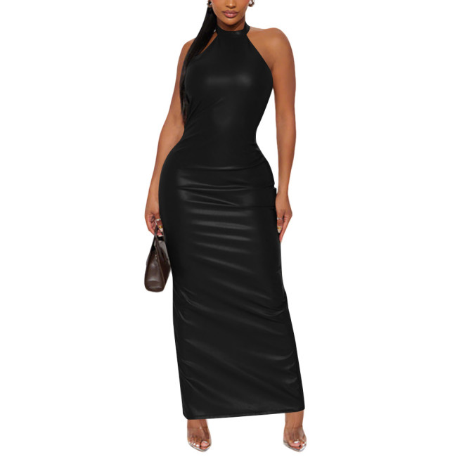 Plus Size Wetlook Faux Leather Halter Maxi Dress Women Clubwear Backless Bodycon Maxi Dresses Zipper Split Party Evening Gown