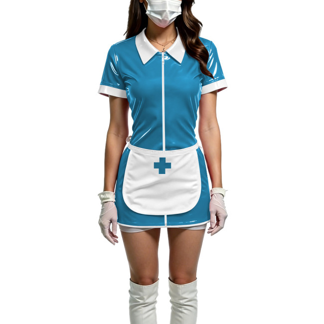 Women Shiny PVC Wetlook Nurse Apron Cosplay Dress Sexy Short Sleeve Bodycon Halloween Mini Dress Wetlook Zipper Fetish Vestidos