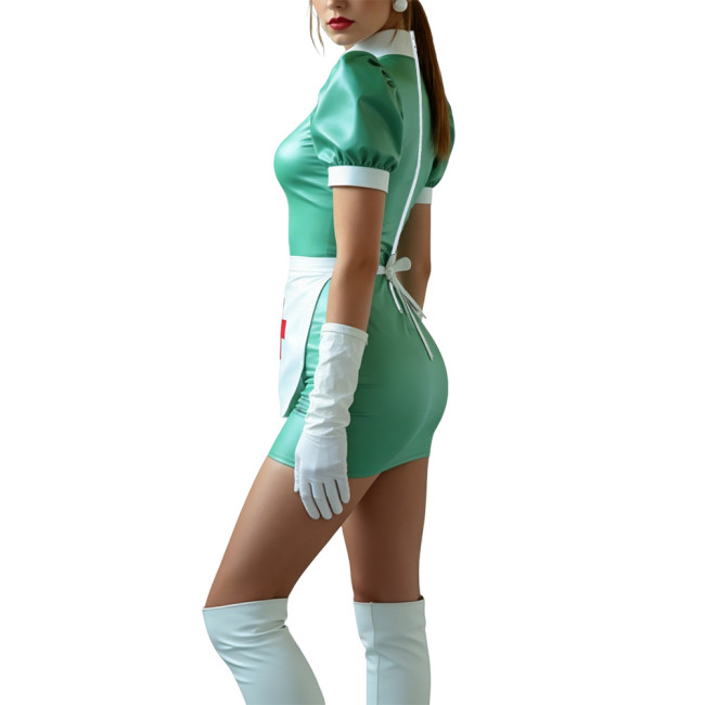 Sissy Nurse Cosplay Outfit High Neck Puff Sleeve Bodycon Mini Dress with Apron Halloween Party Roleplay Nurse Uniforms No Gloves