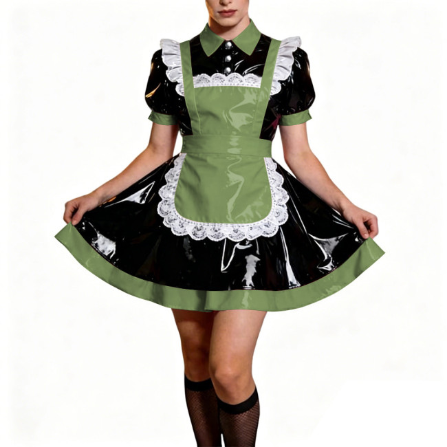 Crossdresser French Sweet Lolita Maid Dress Oufits Sissy Glossy PVC Leather Puff Sleeve Maid Dress Elegant Party Cosplay Costume