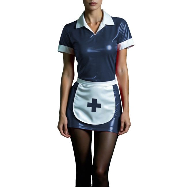 Shiny PVC Maid Nurse Dress with Apron Trun-down Collar Short Sleeve Bodycon Nurse Dress Sissy Wetlook French Cosplay Outfits 7XL