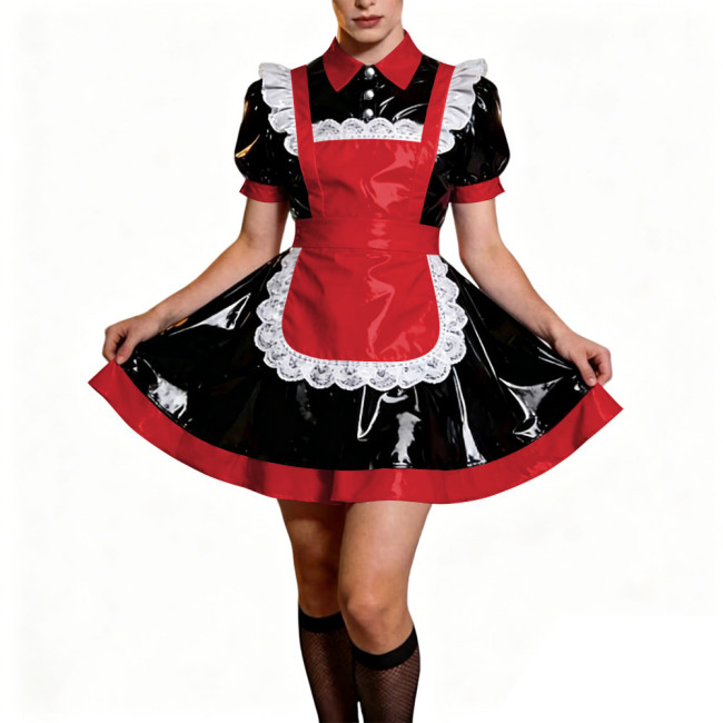 Crossdresser French Sweet Lolita Maid Dress Oufits Sissy Glossy PVC Leather Puff Sleeve Maid Dress Elegant Party Cosplay Costume