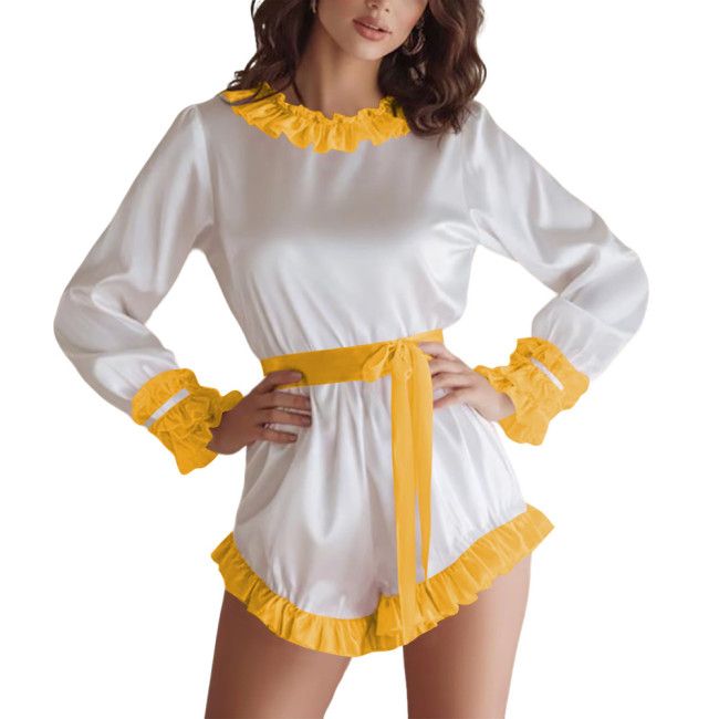 Women's Soft Satin Long Sleeve Romper Lockable Belted Waist O-neck Bodysuit with Ruffle Trim Sissy Club Sleepwear Pajama Outfits