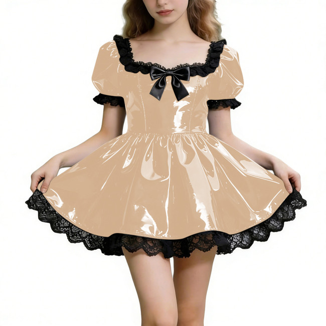 Sissy Shot Shiny PVC Prom Dress Square Collar Puff Sleeve Cosplay Party Cocktail Dress Gothic Masquerade A-line Pleated Dresses