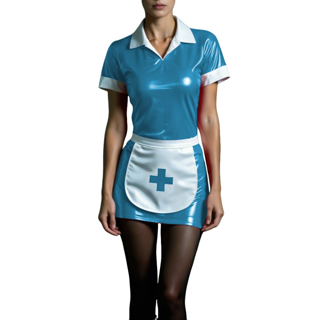 Shiny PVC Maid Nurse Dress with Apron Trun-down Collar Short Sleeve Bodycon Nurse Dress Sissy Wetlook French Cosplay Outfits 7XL