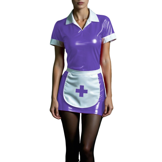 Shiny PVC Maid Nurse Dress with Apron Trun-down Collar Short Sleeve Bodycon Nurse Dress Sissy Wetlook French Cosplay Outfits 7XL