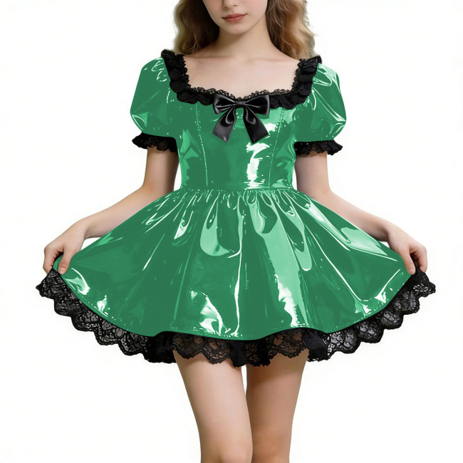 Sissy Shot Shiny PVC Prom Dress Square Collar Puff Sleeve Cosplay Party Cocktail Dress Gothic Masquerade A-line Pleated Dresses